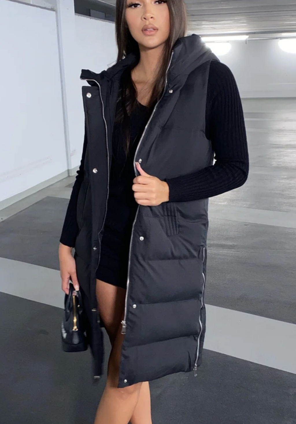 Hooded Padded Gilet Waistcoat with Zip Up Closure Long Length - Dressmedolly