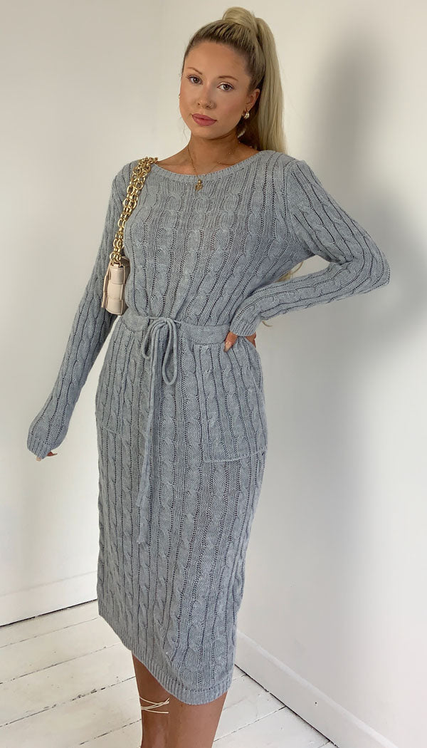 Long Sleeved Tied Pocket Knitted Midi Dress - Dressmedolly