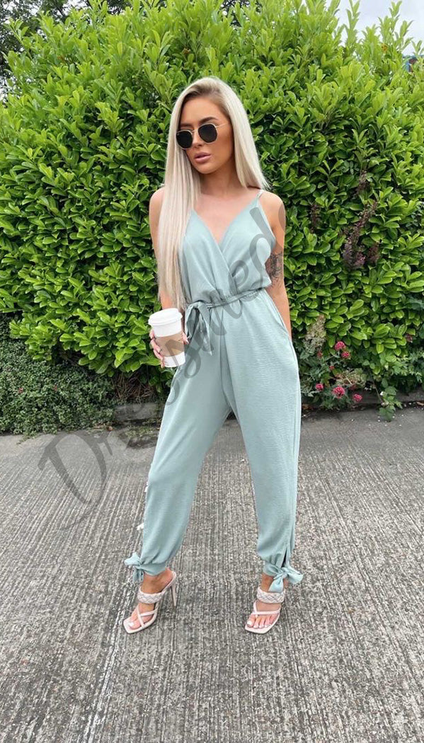 The Emily Cami Jumpsuit Cross Over V-Neck with Bow Tie Details - Dressmedolly