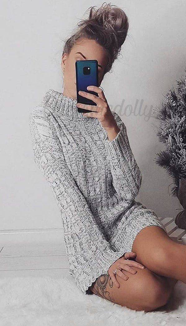 Cable Knitted Roll Neck Mini Dress In Grey - Dressmedolly