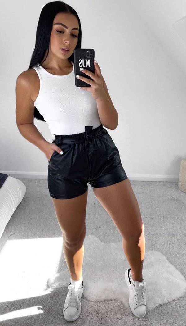 Faux Leather Look Tied Paper Bag Shorts - Dressmedolly