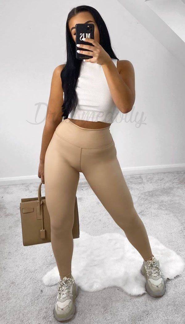 High Waisted Faux Leather Leggings In Beige – Dressmedolly