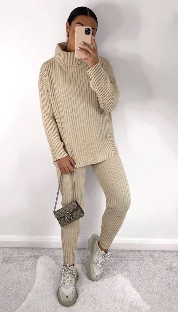 Roll Neck Ribbed Knitted Two Piece Set - Dressmedolly