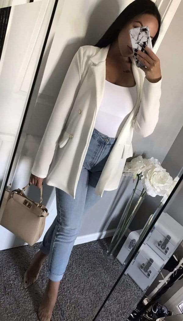 Gold Button Breasted Blazer In Cream - Dressmedolly