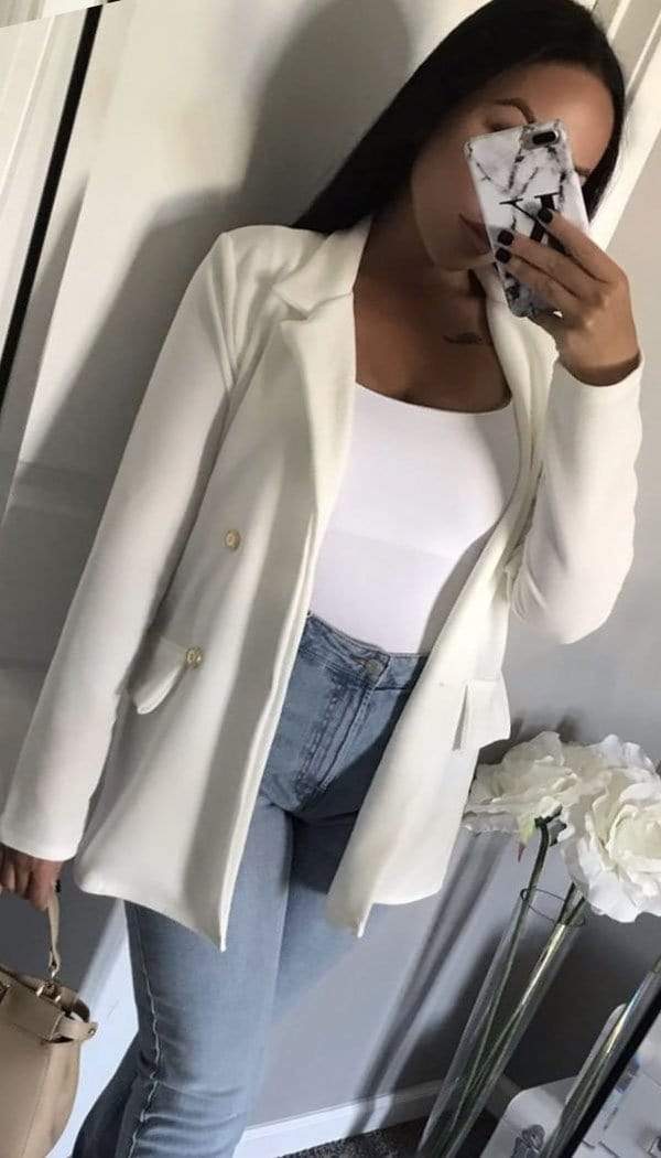 Gold Button Breasted Blazer In Cream - Dressmedolly