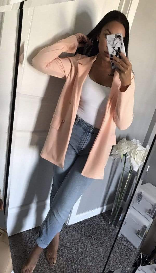 Gold Button Breasted Blazer In Nude - Dressmedolly