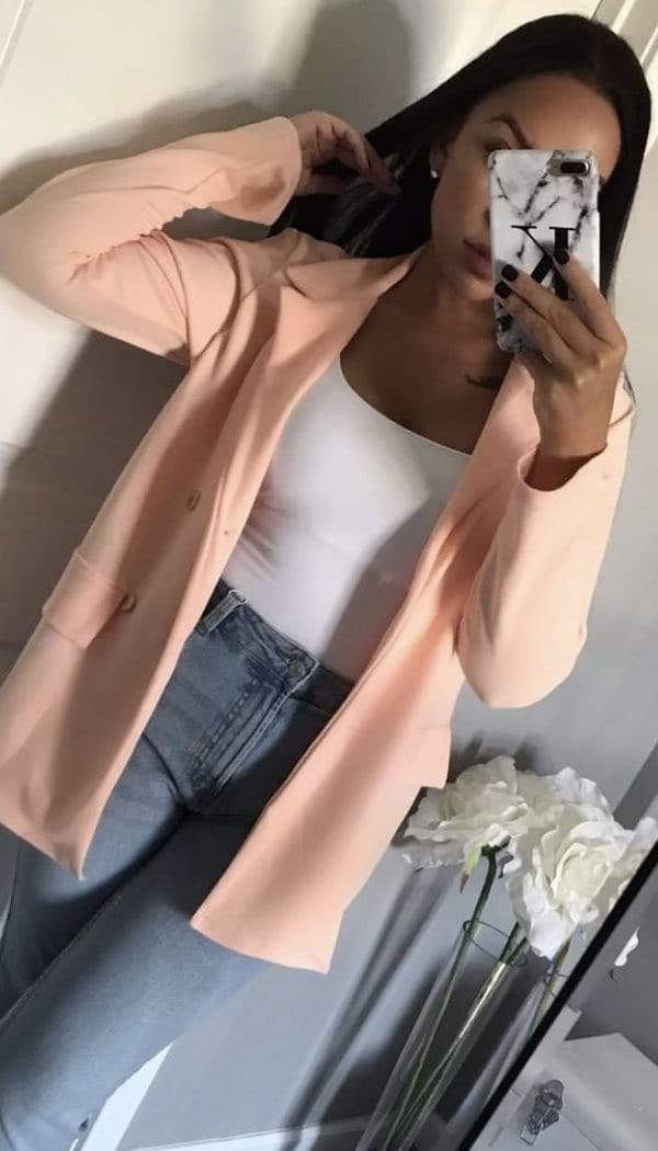 Gold Button Breasted Blazer In Nude - Dressmedolly