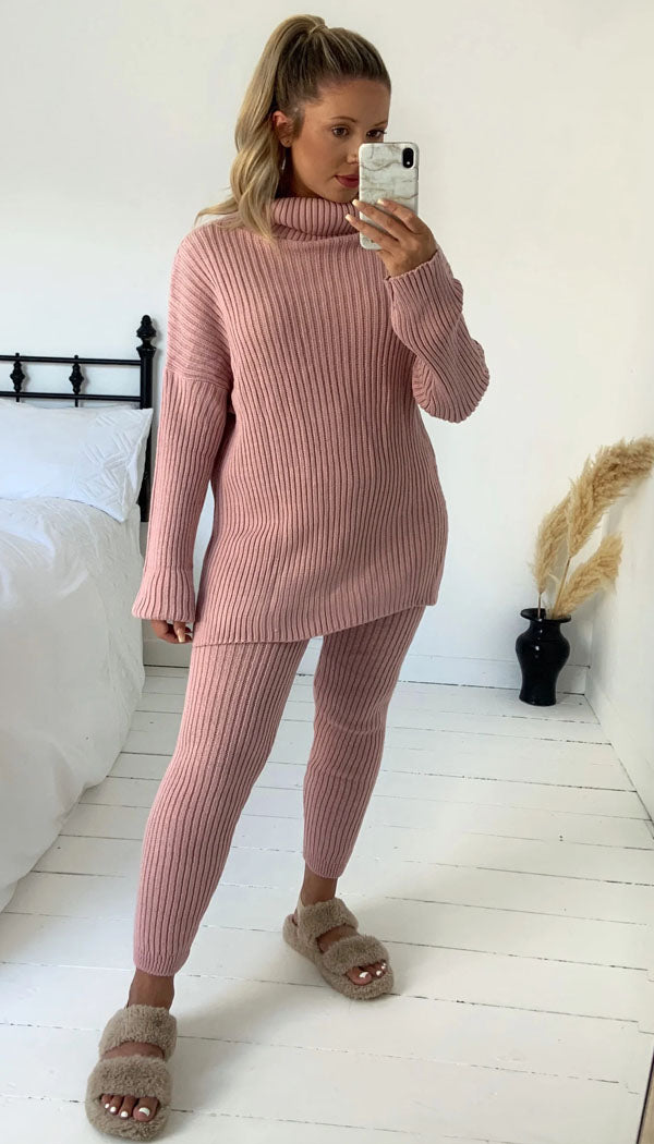 Knitted Roll Neck Ribbed Two Piece Set - Dressmedolly