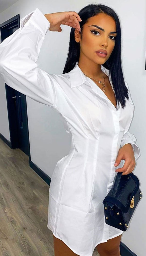 Pull In Button Shirt Dress In White - Dressmedolly