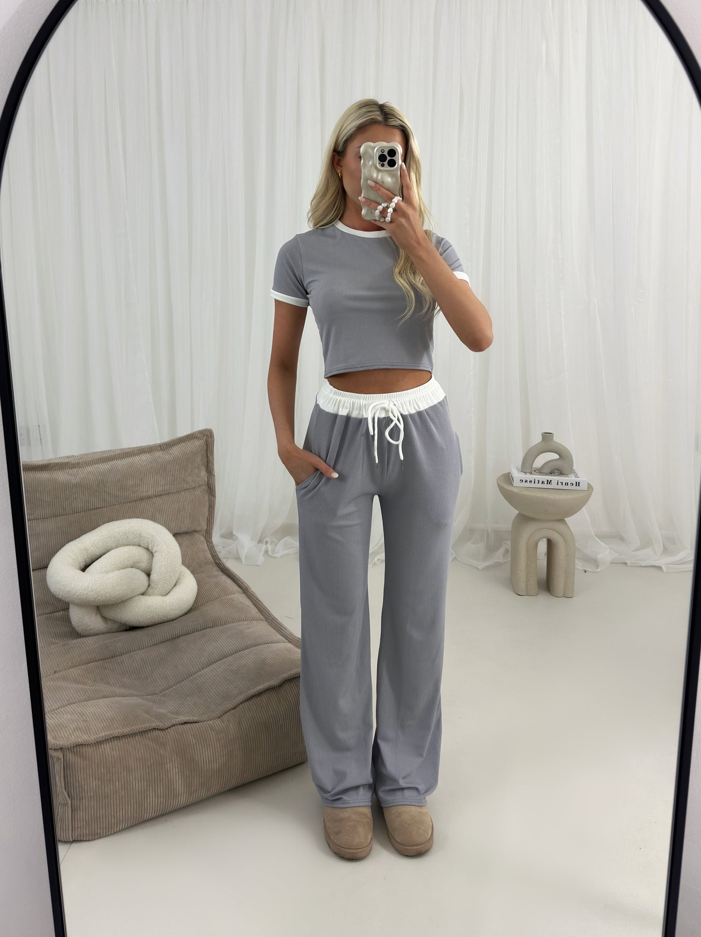Ribbed Contrast Short Sleeve Crop Top Trouser Two Piece Co-ord