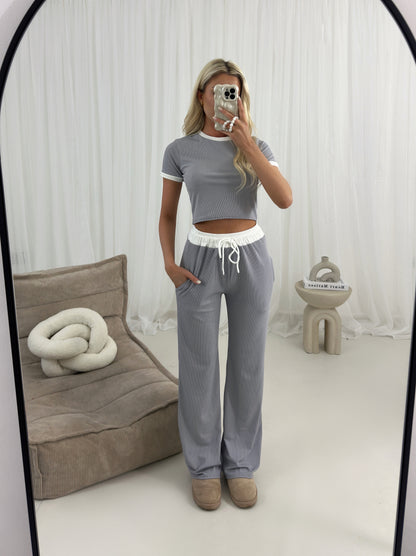 Ribbed Contrast Short Sleeve Crop Top Trouser Two Piece Co-ord
