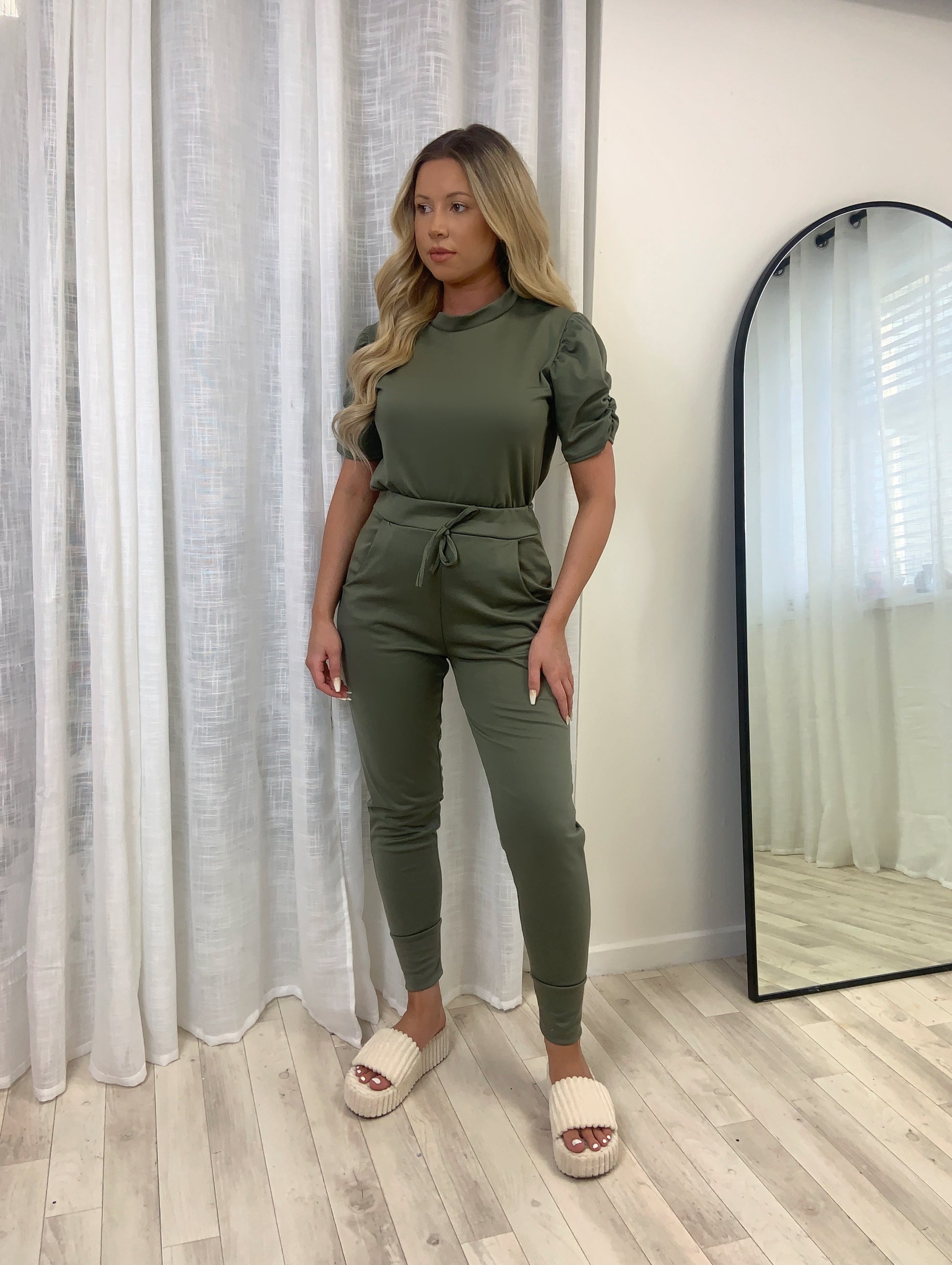 Short Sleeved Ruche Arm Ponti Jogger Two Piece Loungewear Set - Dressmedolly
