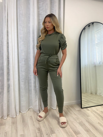 Short Sleeved Ruche Arm Ponti Jogger Two Piece Loungewear Set - Dressmedolly