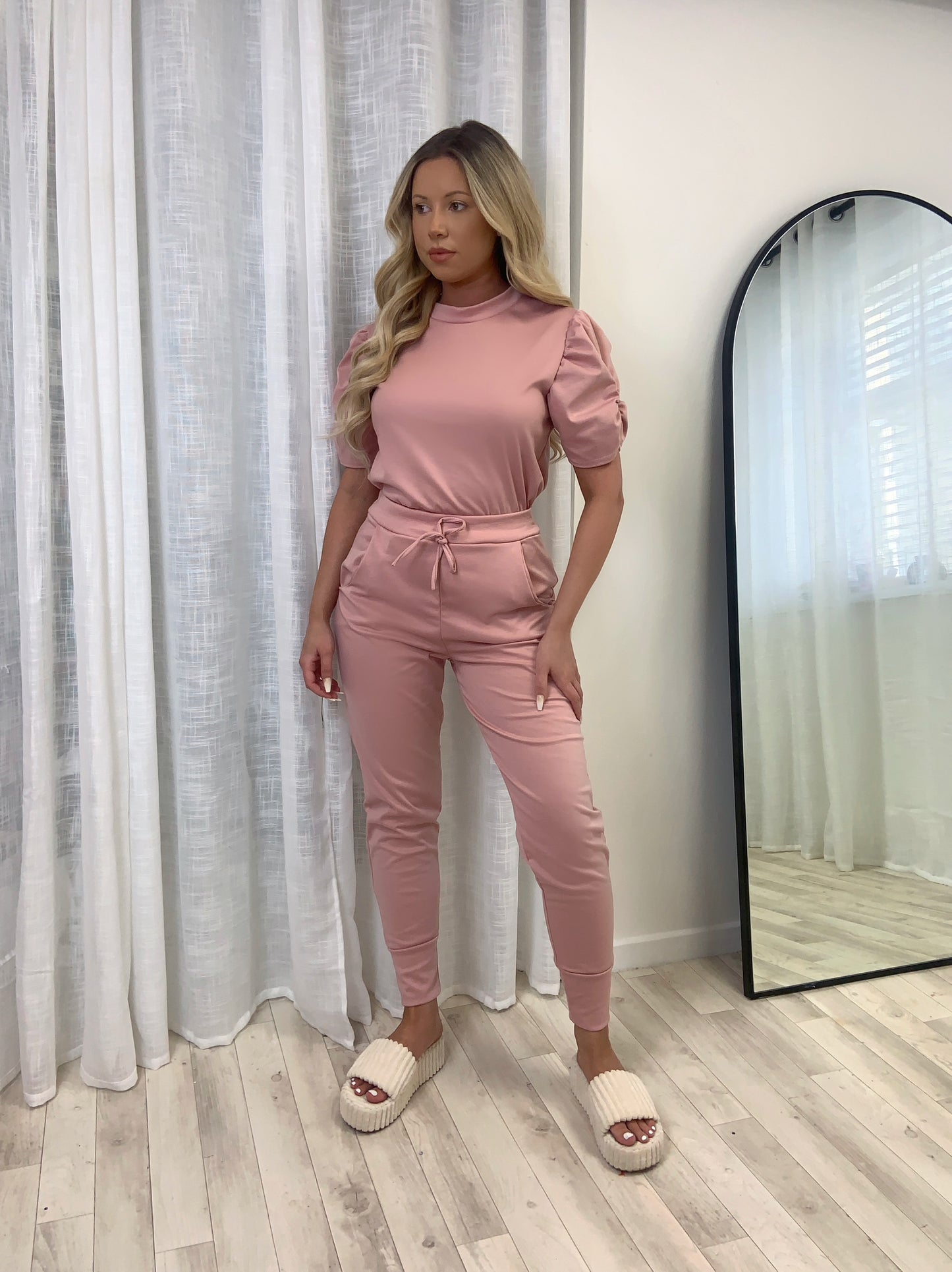 Short Sleeved Ruche Arm Ponti Jogger Two Piece Loungewear Set - Dressmedolly