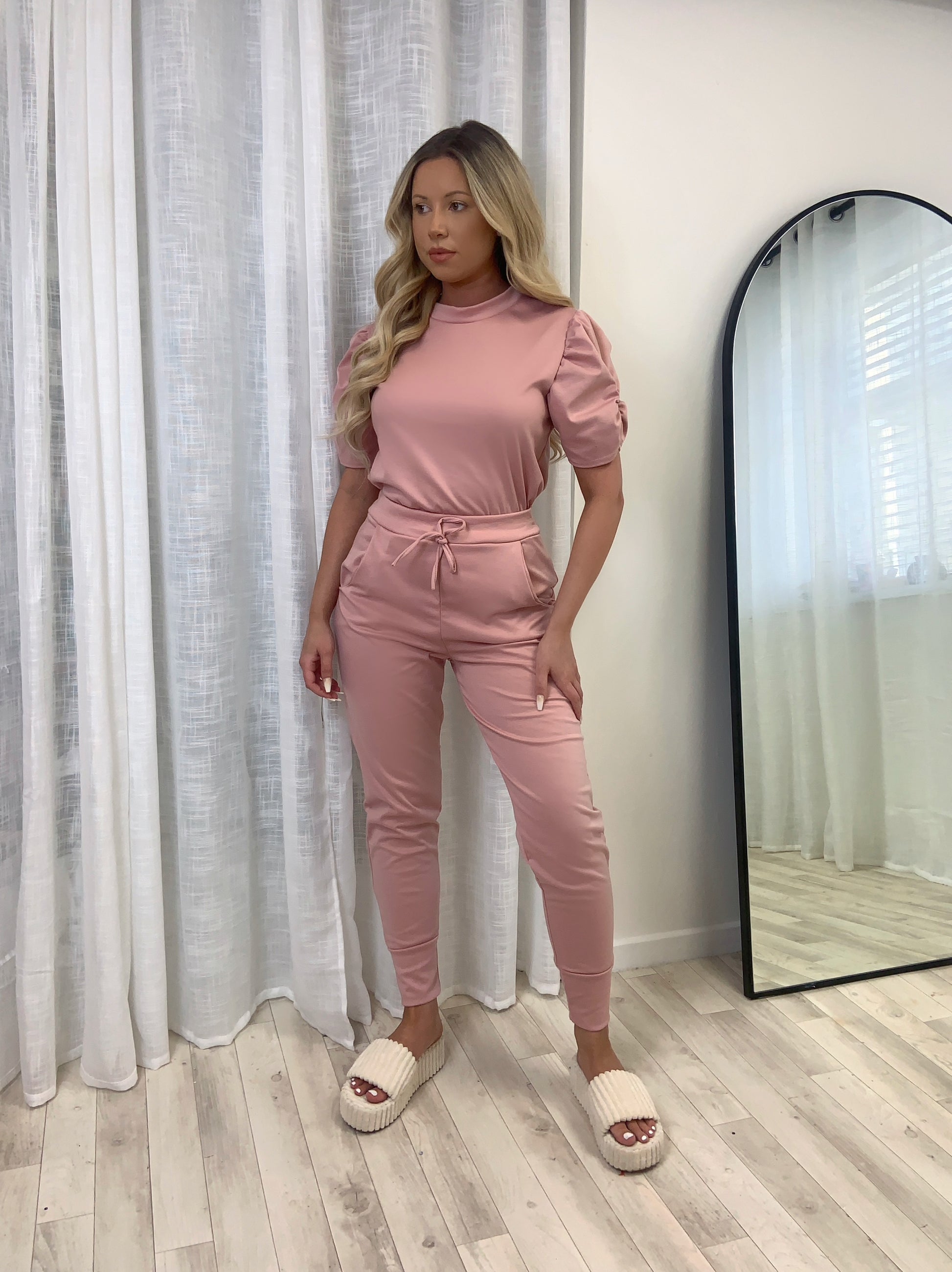 Short Sleeved Ruche Arm Ponti Jogger Two Piece Loungewear Set - Dressmedolly