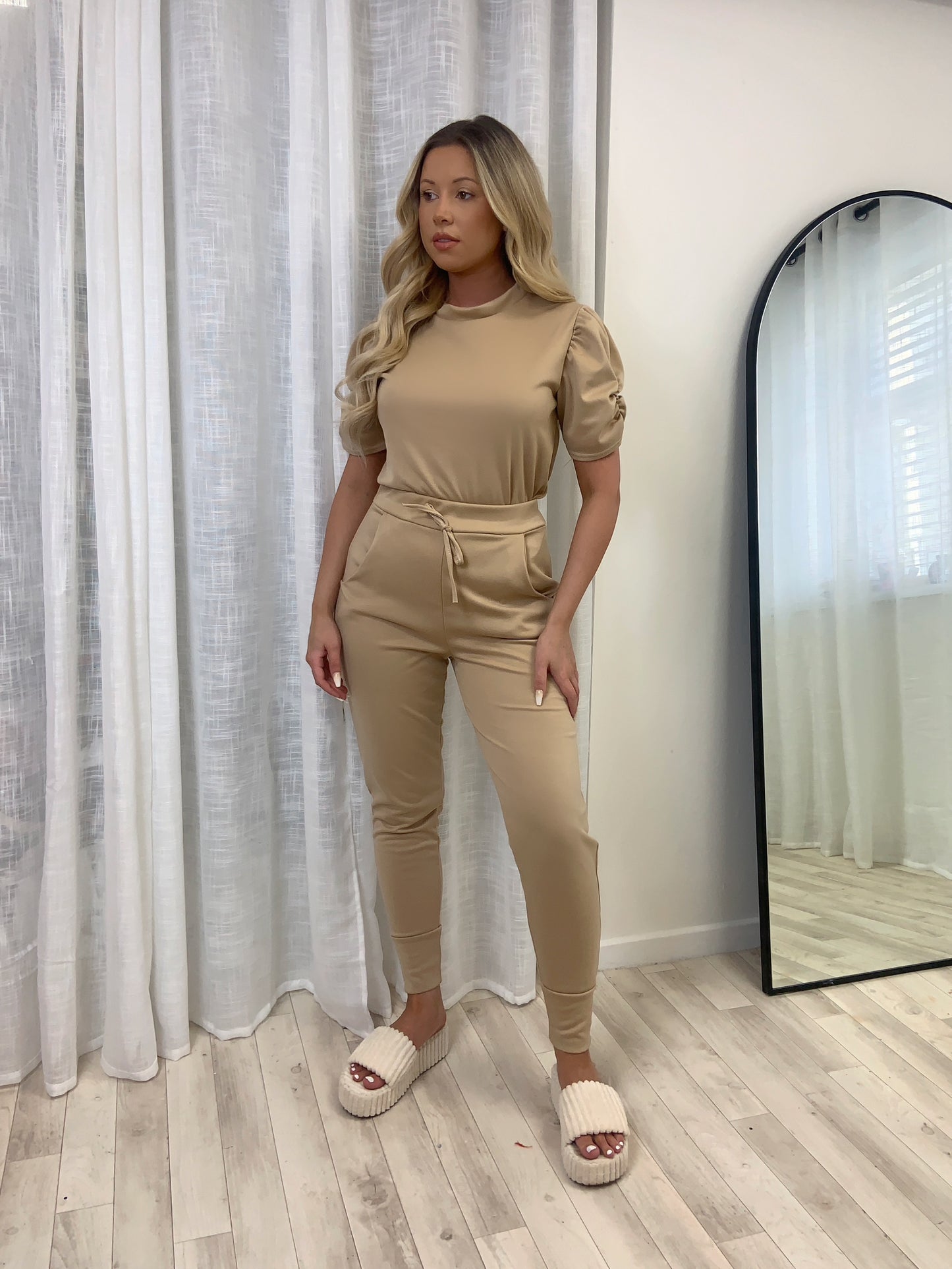 Short Sleeved Ruche Arm Ponti Jogger Two Piece Loungewear Set - Dressmedolly