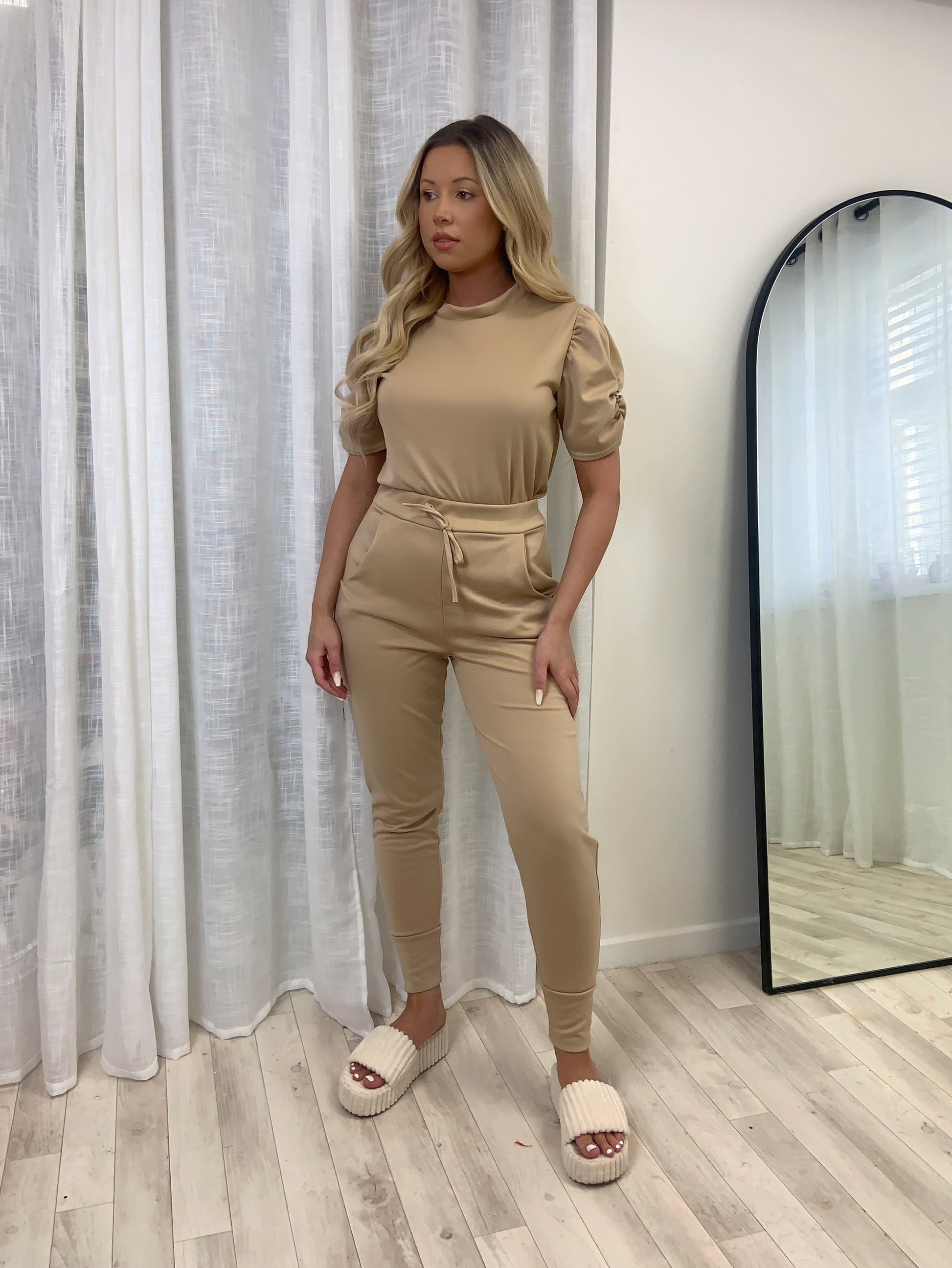Short Sleeved Ruche Arm Ponti Jogger Two Piece Loungewear Set - Dressmedolly