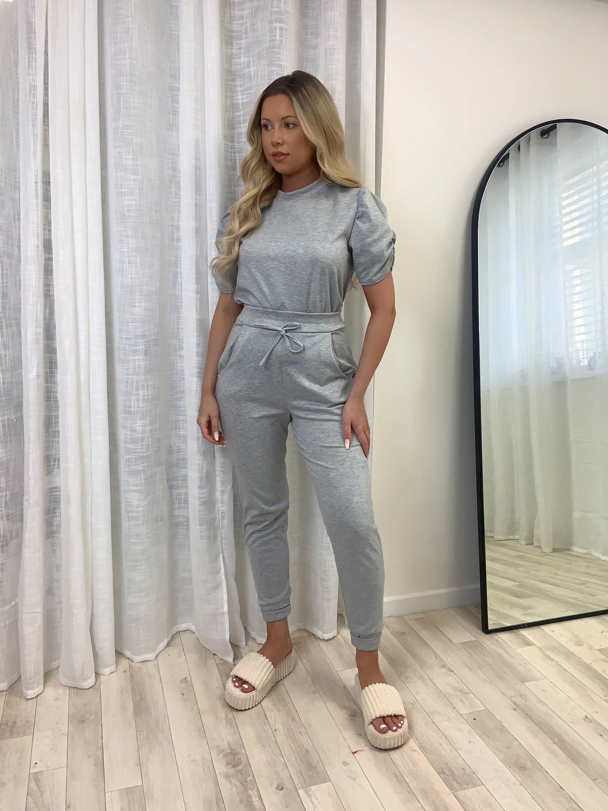 Short Sleeved Ruche Arm Ponti Jogger Two Piece Loungewear Set - Dressmedolly