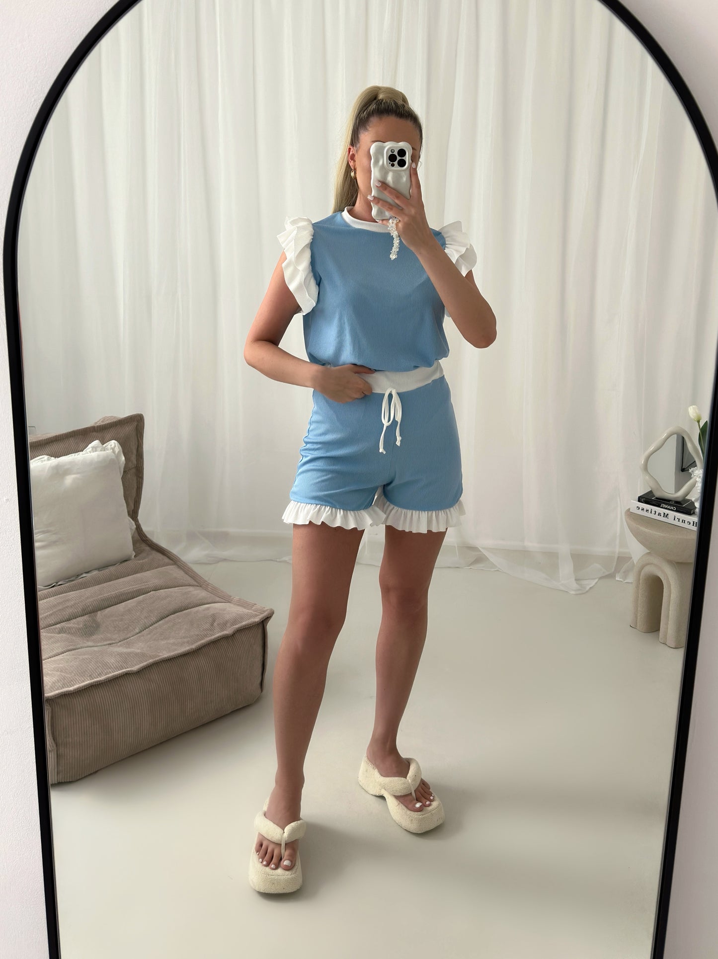 Ribbed Frill Sleeved Contrast Shorts Set