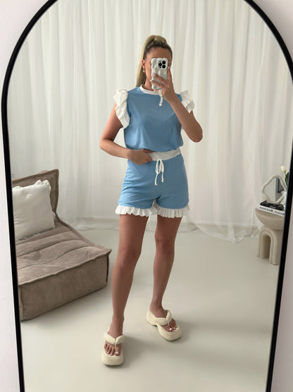 Ribbed Frill Sleeved Contrast Shorts Set