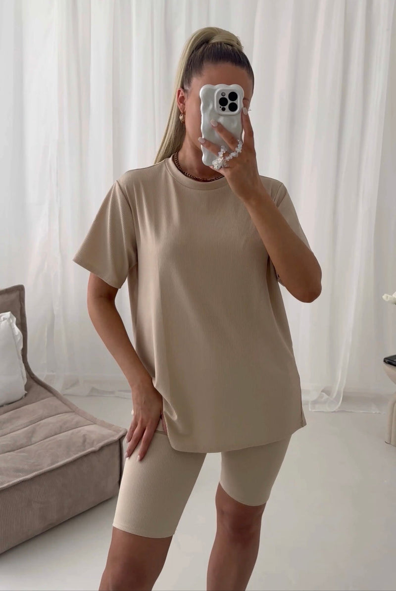 Ribbed Cycle Shorts And T Shirt Two Piece Set Dressmedolly