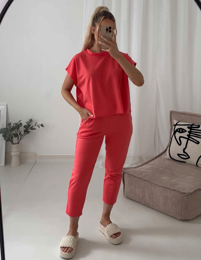 The Boxy Short Sleeved Round Neck Two Piece Loungewear Tracksuit (With Joggers)