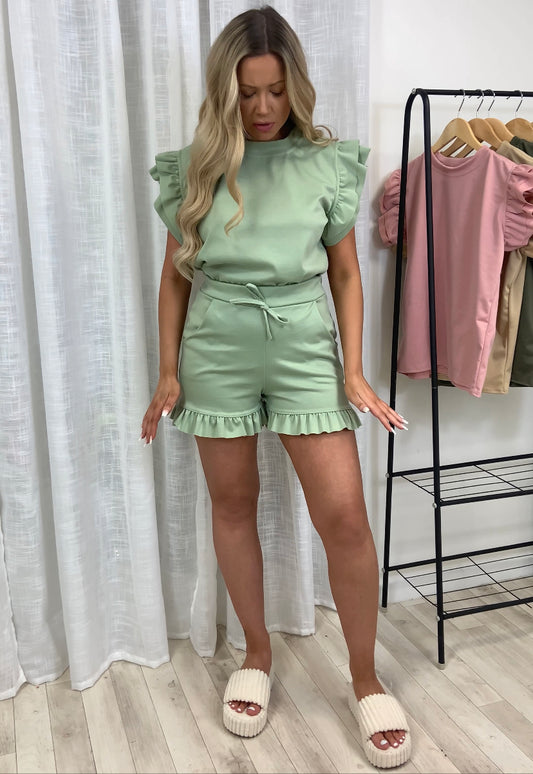 Frill Sleeved Shorts Two Piece Set - Dressmedolly