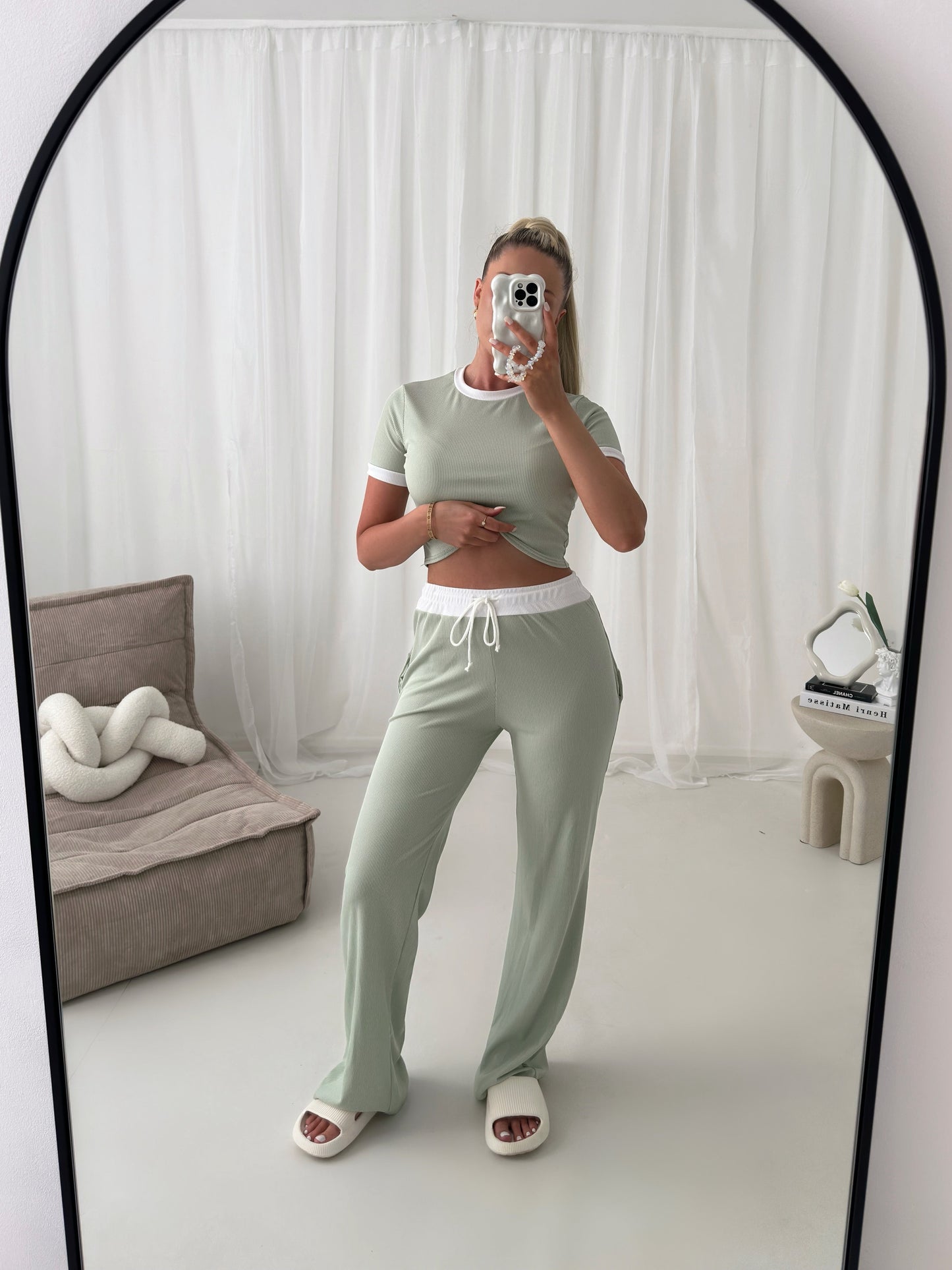 Ribbed Contrast Short Sleeve Crop Top Trouser Two Piece Co-ord
