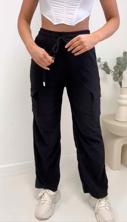 Wide Leg Cargo Trousers BLACK