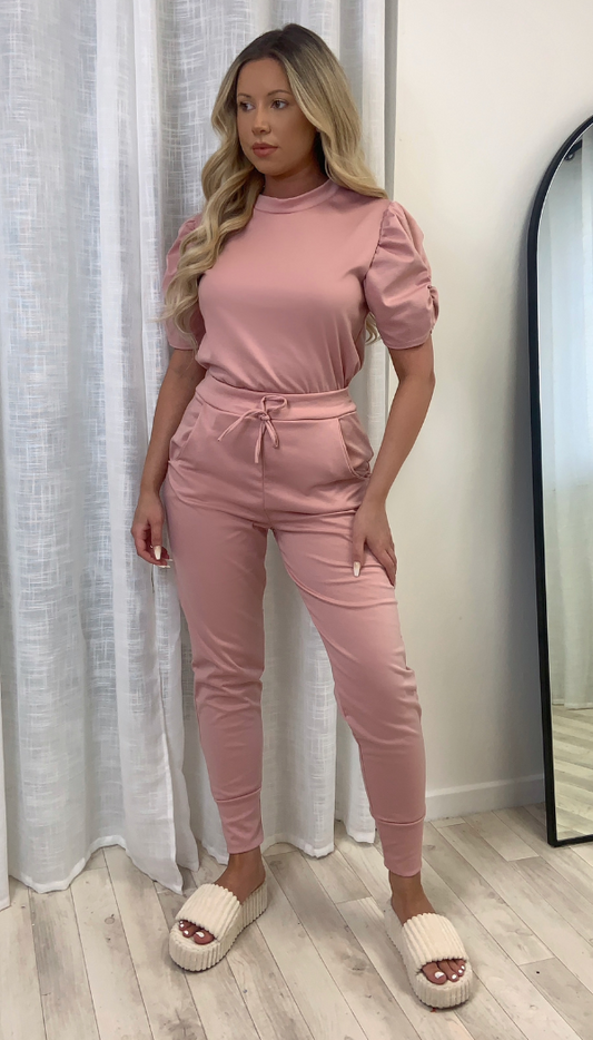 Short Sleeved Ruche Arm Ponti Jogger Two Piece Loungewear Set - Dressmedolly