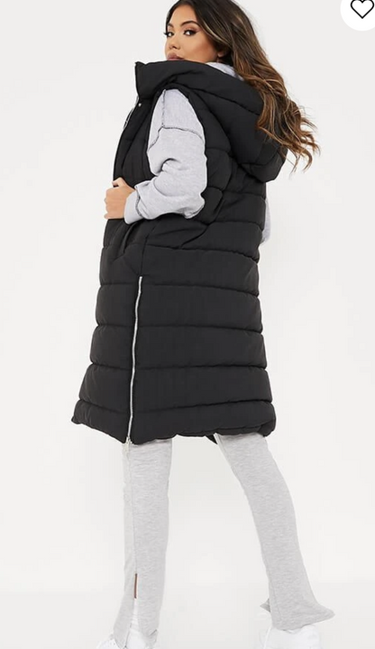 Hooded Padded Gilet Waistcoat with Zip Up Closure Long Length - Dressmedolly