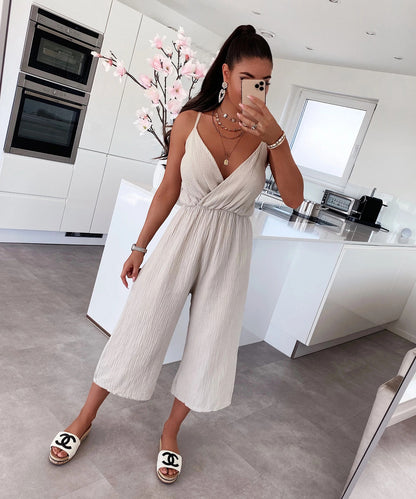 3/4 Textured Cross Over Jumpsuit - Dressmedolly