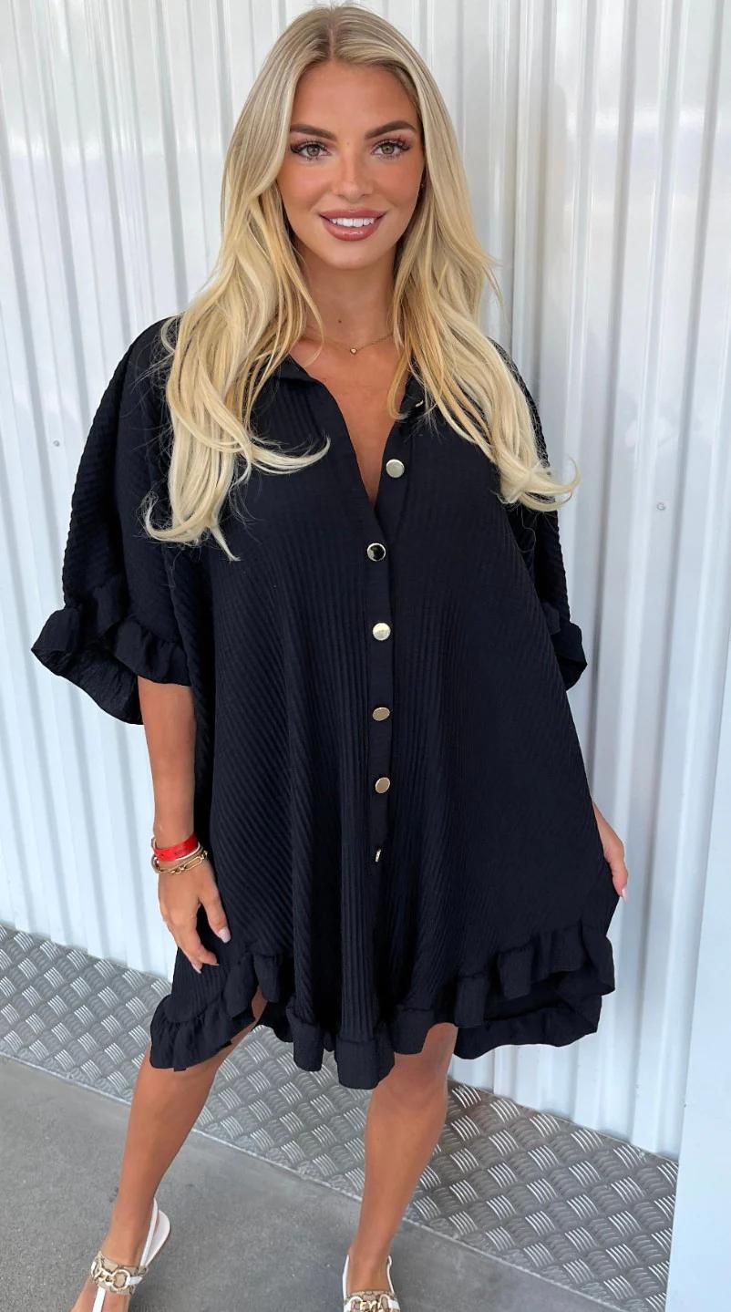 Gold Button Pleated Summer Smock Shirt Dress - Dressmedolly