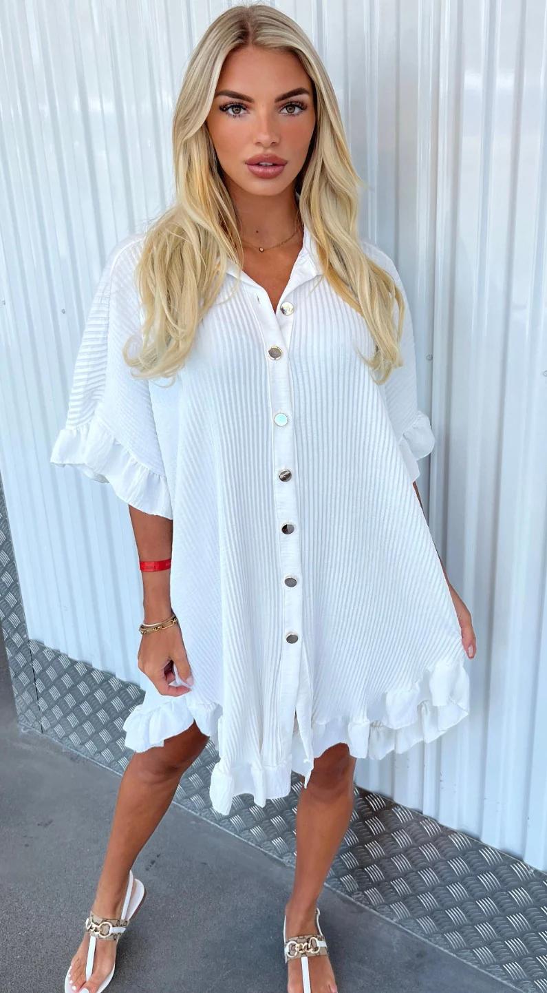 Gold Button Pleated Summer Smock Shirt Dress - Dressmedolly