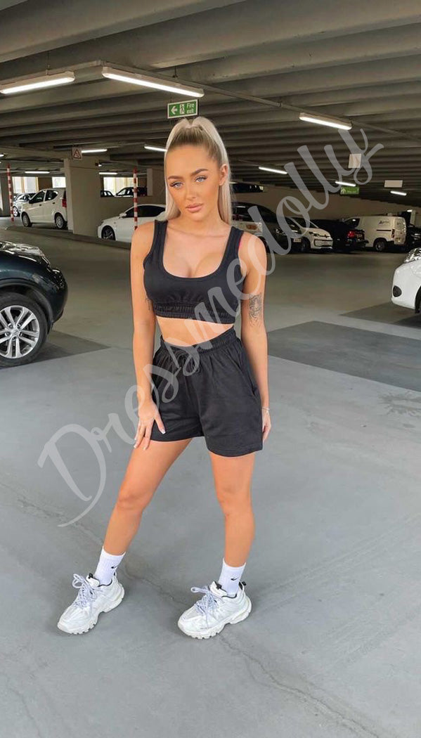 The Owens Drawstring Shorts and Crop Top Two Piece Lounge Wear Set - Dressmedolly