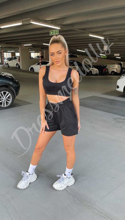 The Owens Drawstring Shorts and Crop Top Two Piece Lounge Wear Set - Dressmedolly