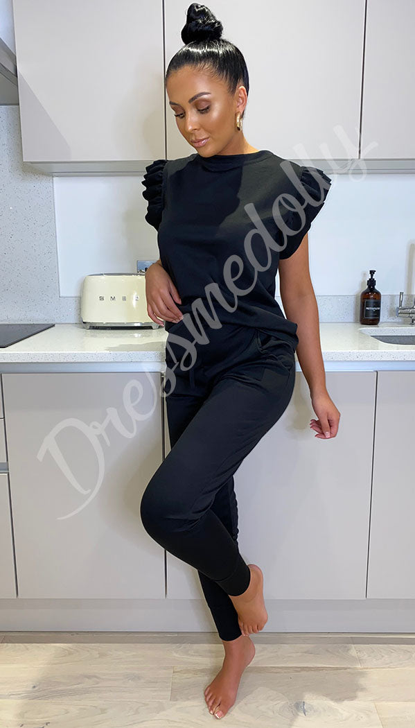 The Frill Sleeve Vest Lounge Wear Two Piece Tracksuit - Dressmedolly
