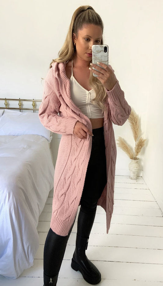 Cable Hooded Chunky Thick Knitted Cardigan - Dressmedolly