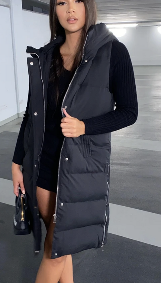 Hooded Padded Gilet Waistcoat with Zip Up Closure Long Length - Dressmedolly