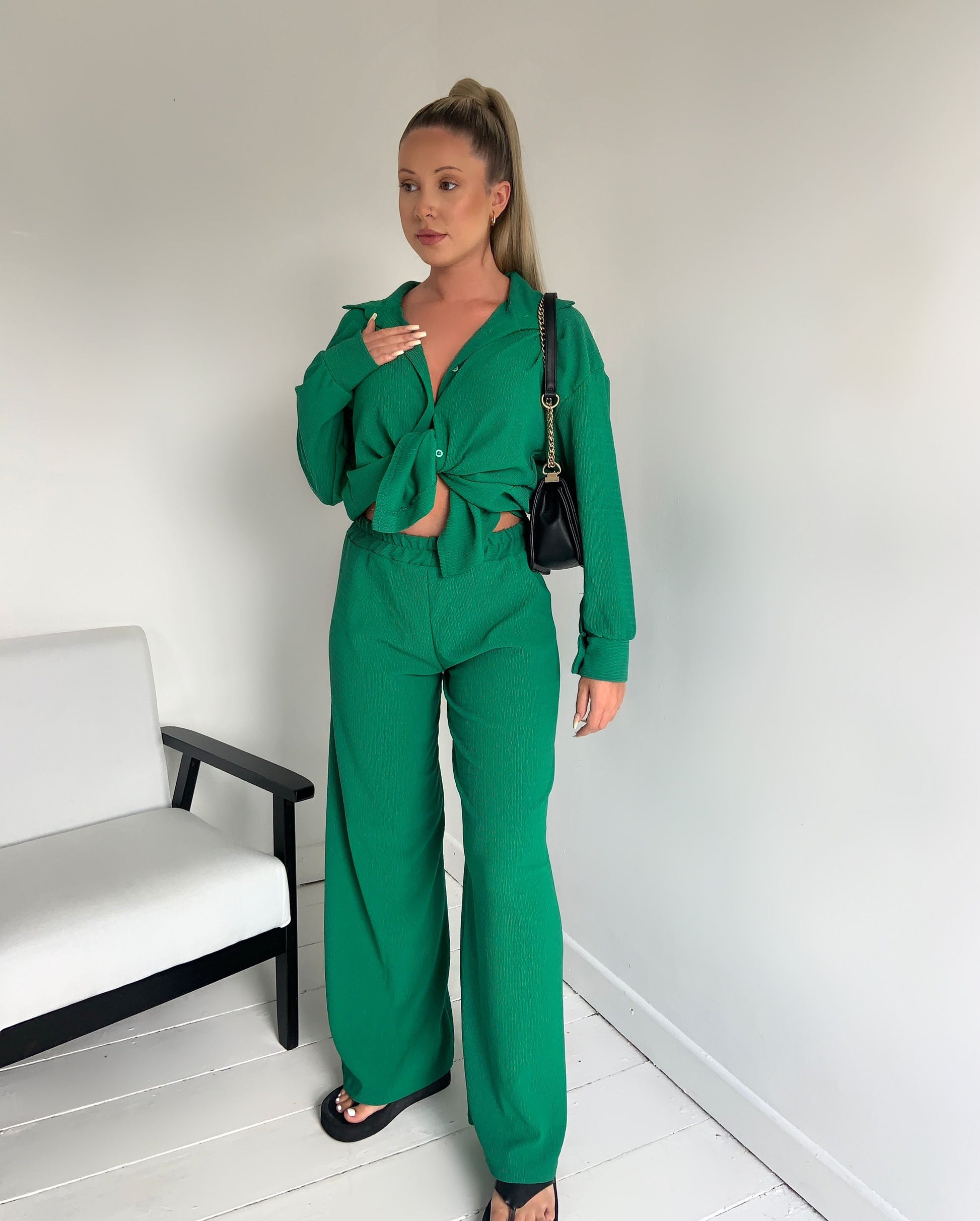 Textured Beach Button Shirt Trouser Two Piece Set - Dressmedolly