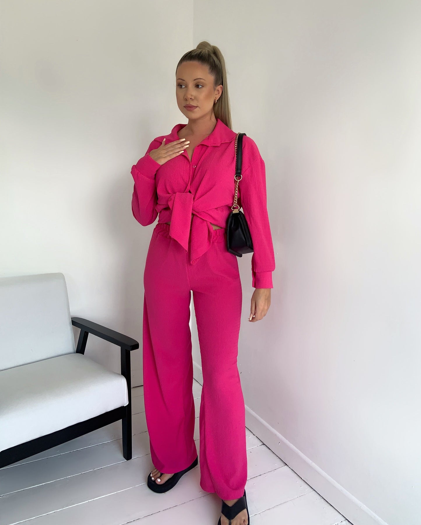 Textured Beach Button Shirt Trouser Two Piece Set - Dressmedolly
