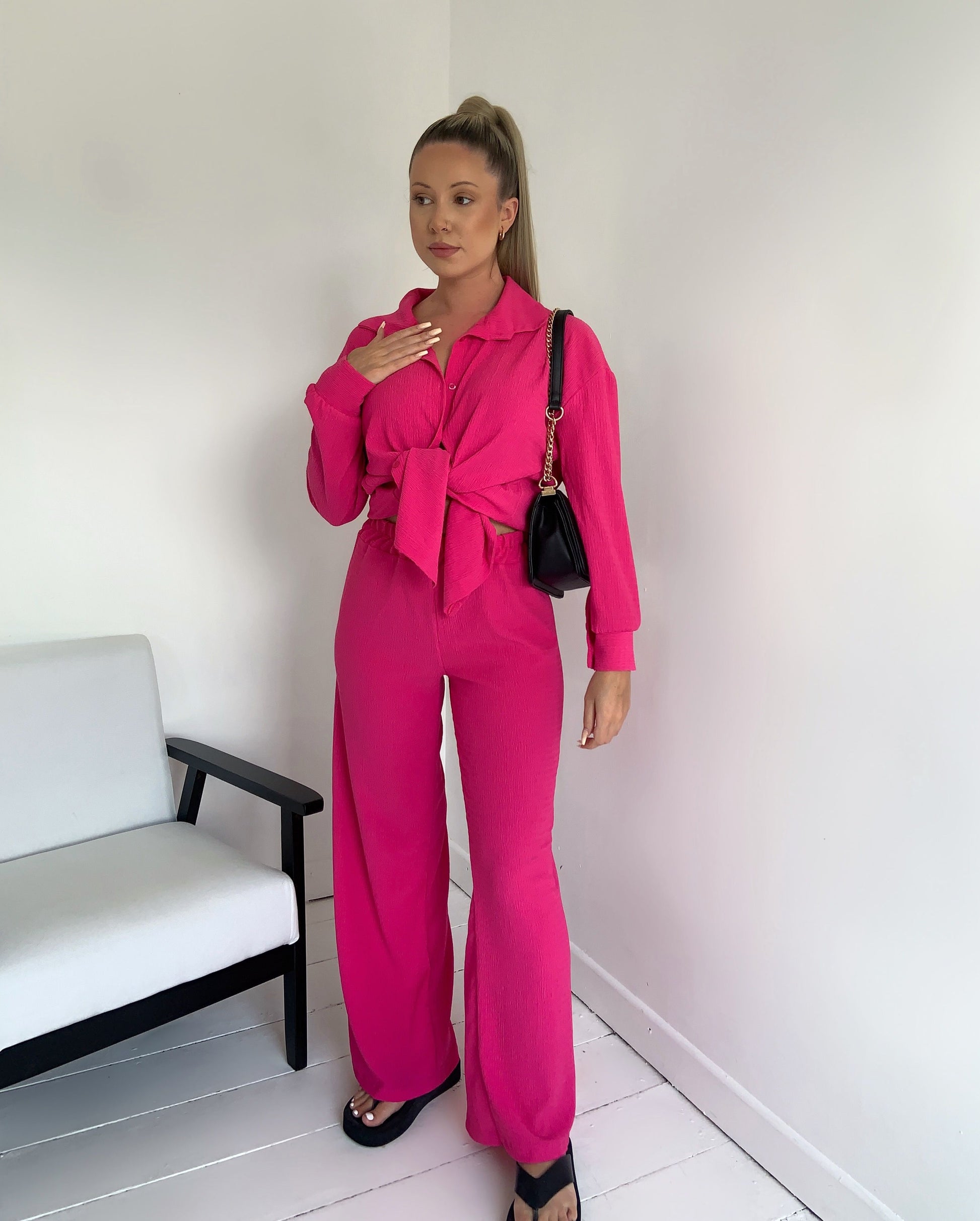 Textured Beach Button Shirt Trouser Two Piece Set - Dressmedolly