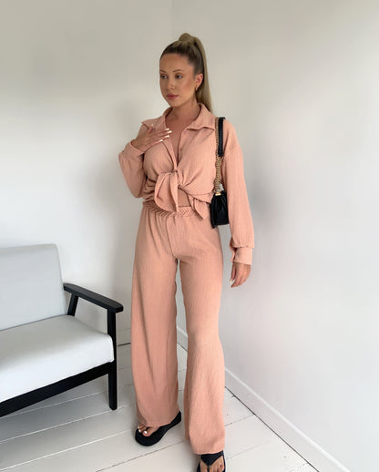 Textured Beach Button Shirt Trouser Two Piece Set - Dressmedolly