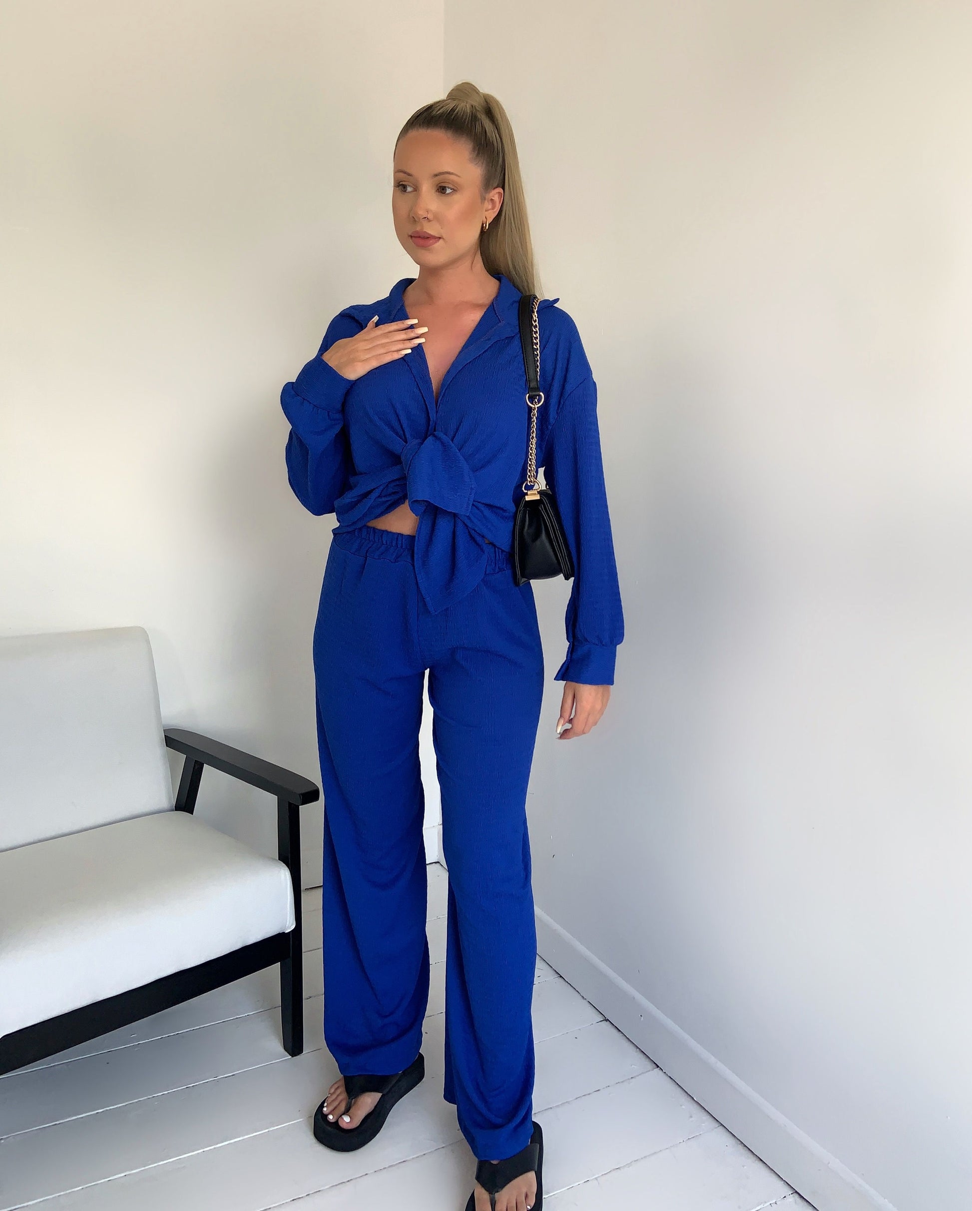 Textured Beach Button Shirt Trouser Two Piece Set - Dressmedolly