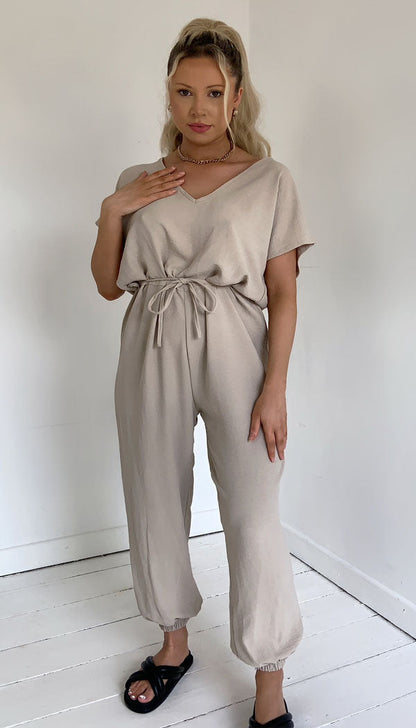 Short Sleeved Tie Up Belted Jumpsuit - Dressmedolly