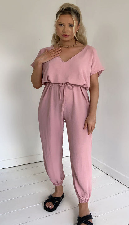 Short Sleeved Tie Up Belted Jumpsuit - Dressmedolly