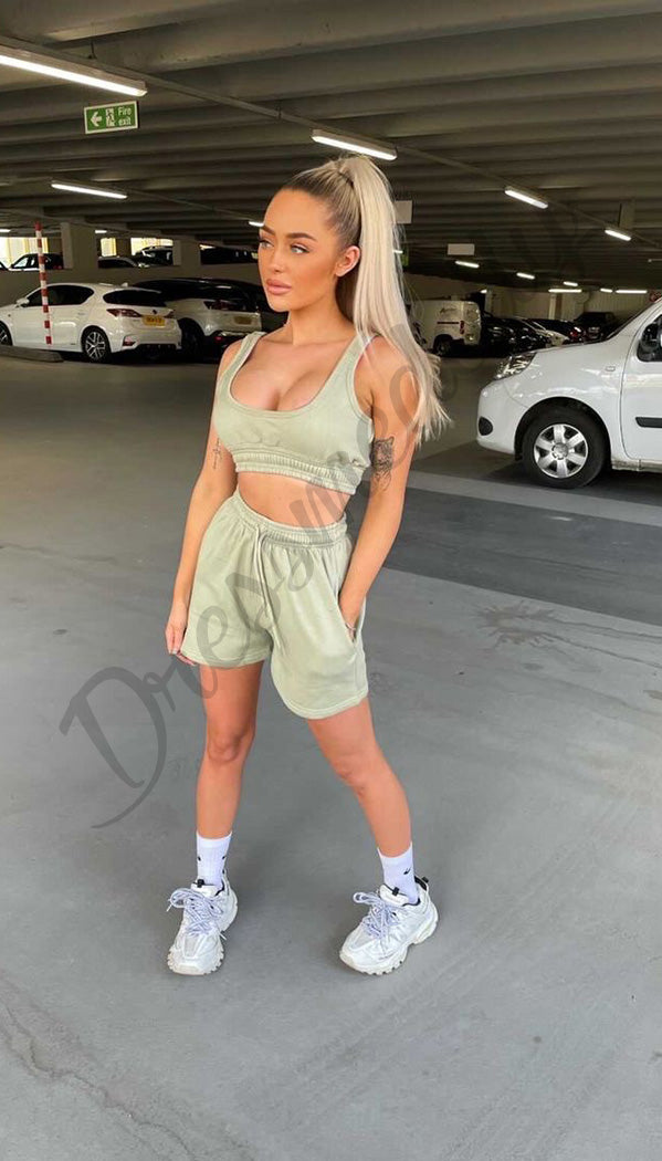 The Owens Drawstring Shorts and Crop Top Two Piece Lounge Wear Set - Dressmedolly