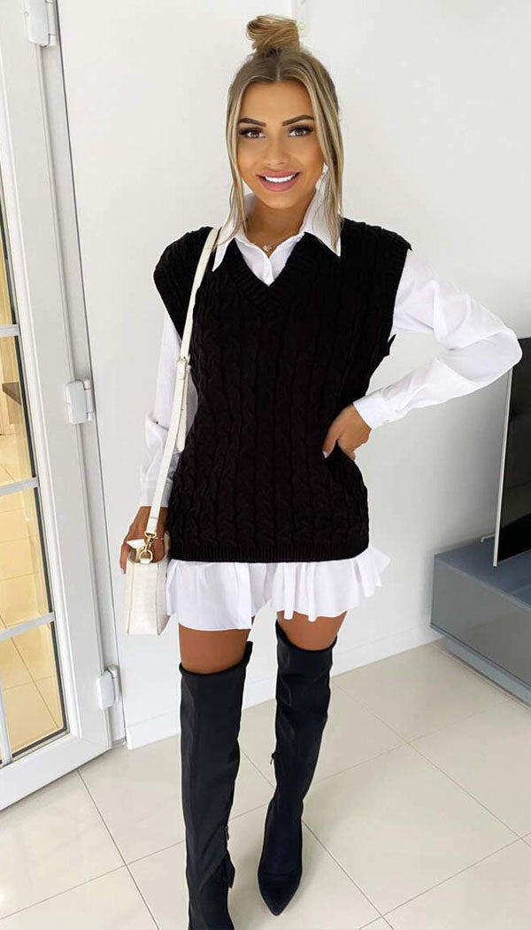 V- Neck Cable Tank Sleeveless Jumper - Dressmedolly