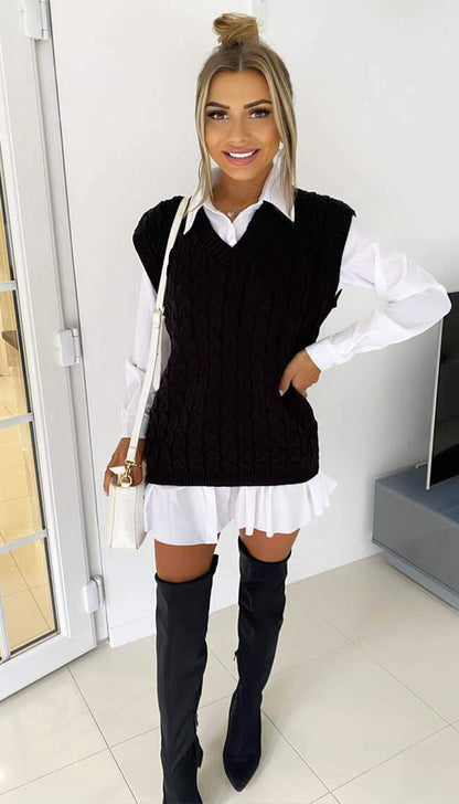 V- Neck Cable Tank Sleeveless Jumper - Dressmedolly