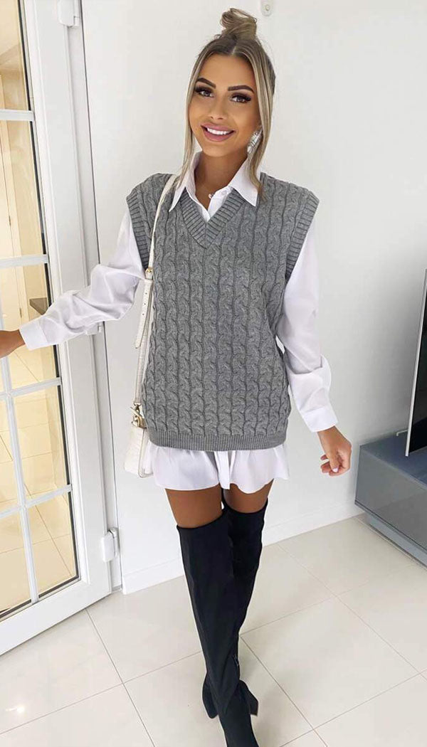 V- Neck Cable Tank Sleeveless Jumper - Dressmedolly